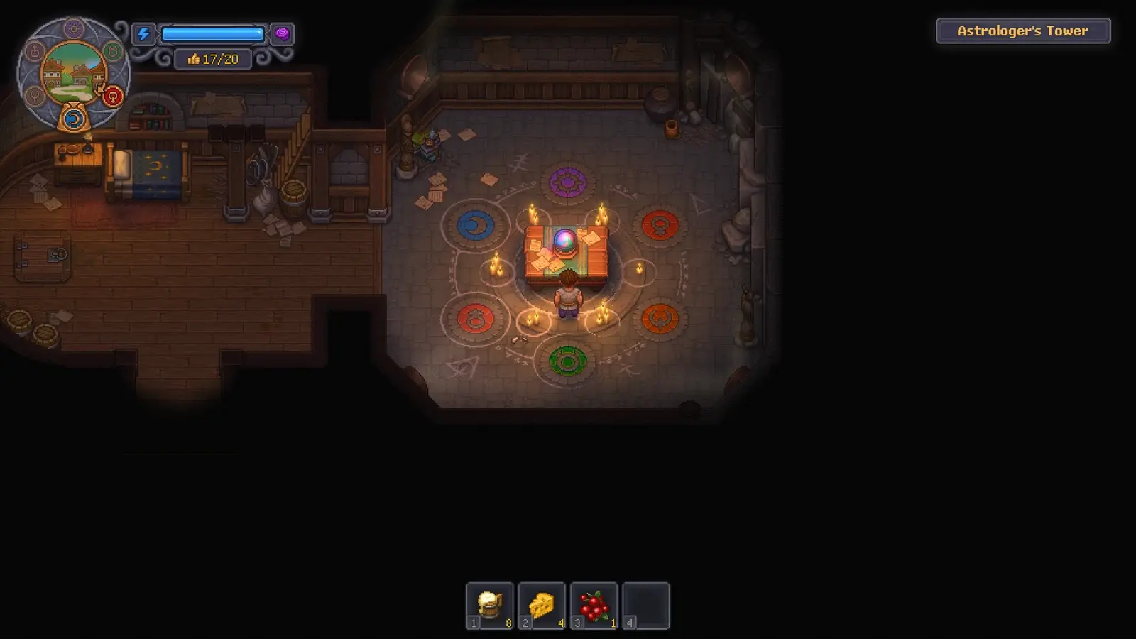 The keeper stands beside a glowing table and circular symbols inside the Astrologer's Tower.