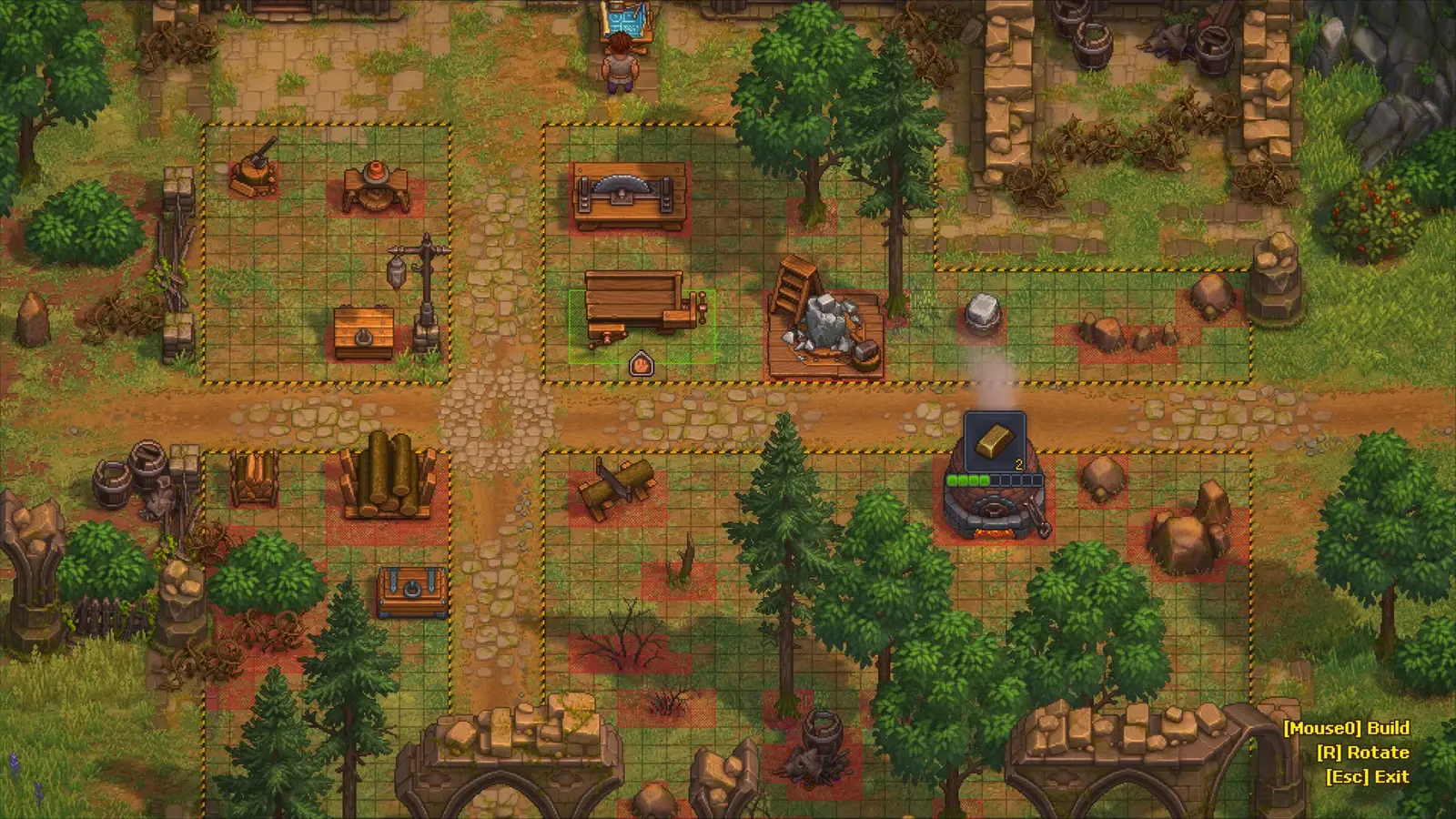 A build-mode view of an outdoor yard with timber piles, workbenches and a furnace.