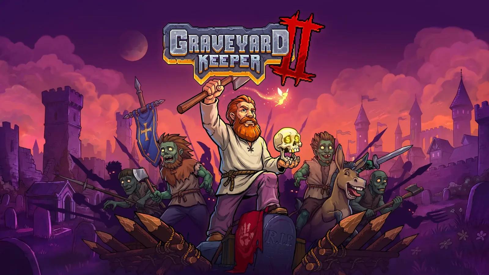 The red-bearded keeper raises a shovel beside undead companions against a purple sunset and medieval town.