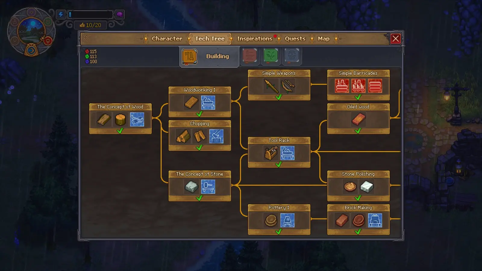 The Building tab shows connected wood and stone technology unlocks in the game's tech tree.