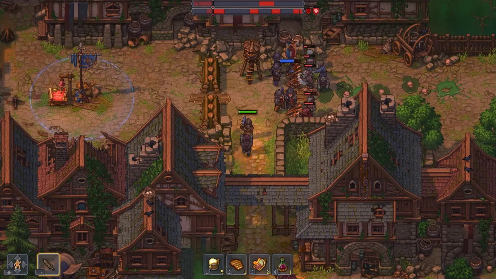 Armed units fight around wooden barricades and medieval houses, with health bars above them.
