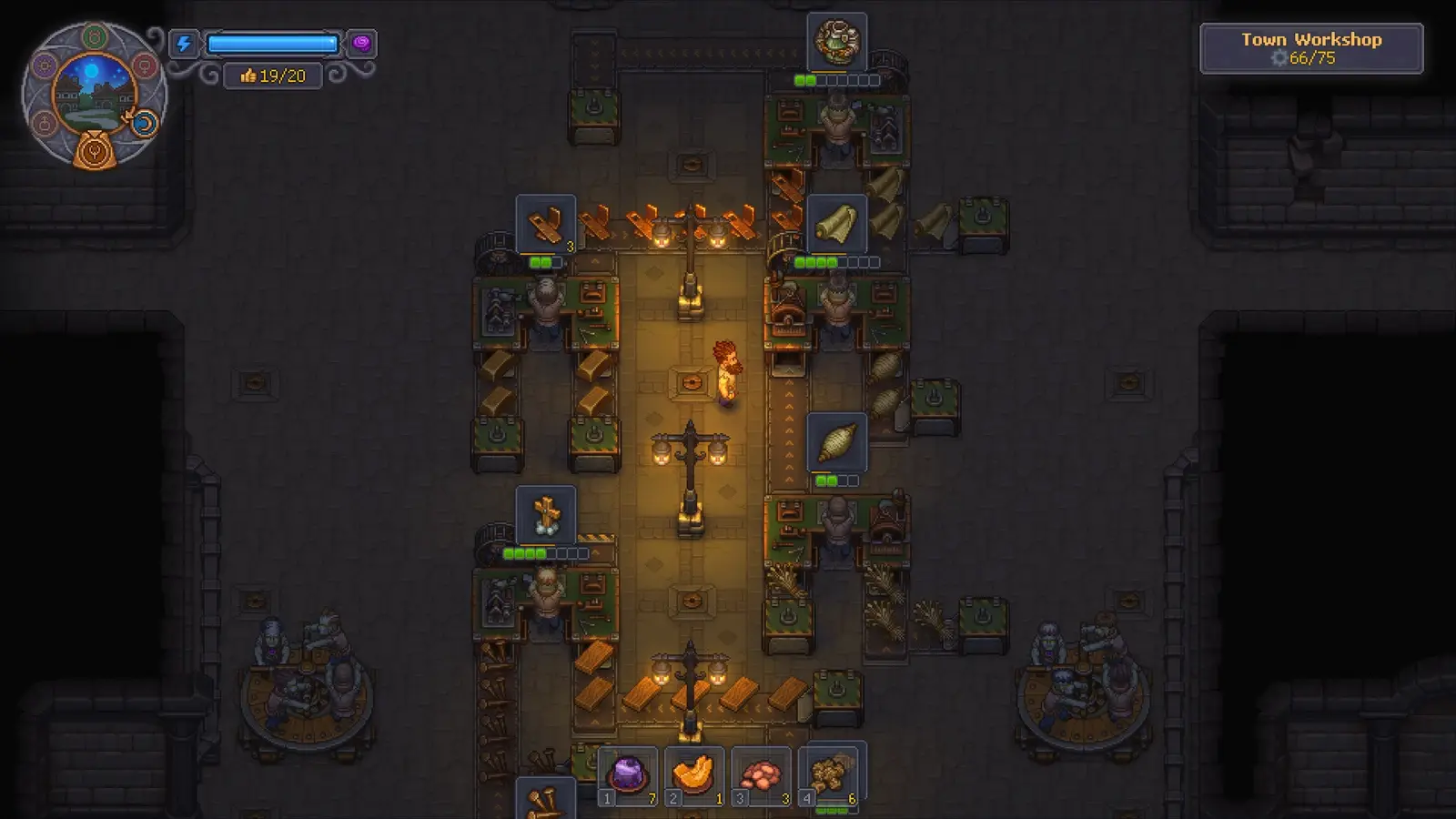 Zombie workers stand along rows of machines and conveyor belts in a candlelit workshop.