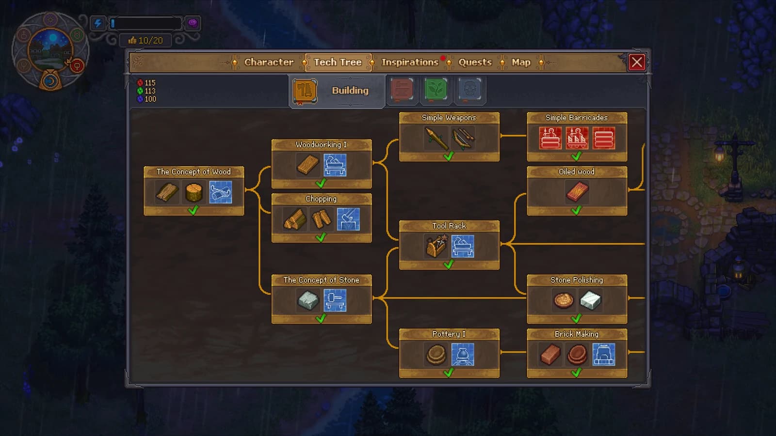 The Building tab shows connected wood and stone technology unlocks in the game's tech tree.
