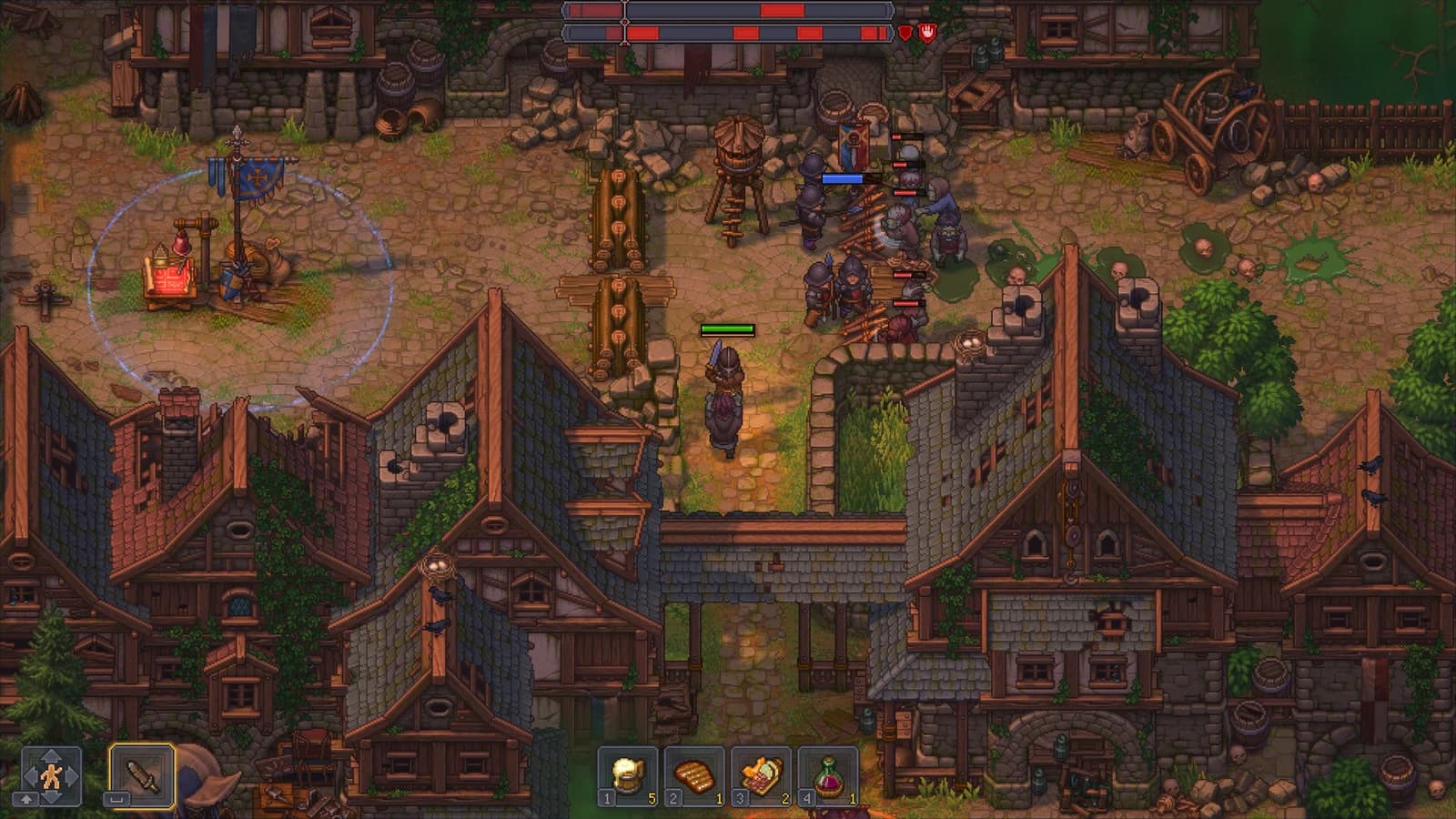 Armed units fight around wooden barricades and medieval houses, with health bars above them.