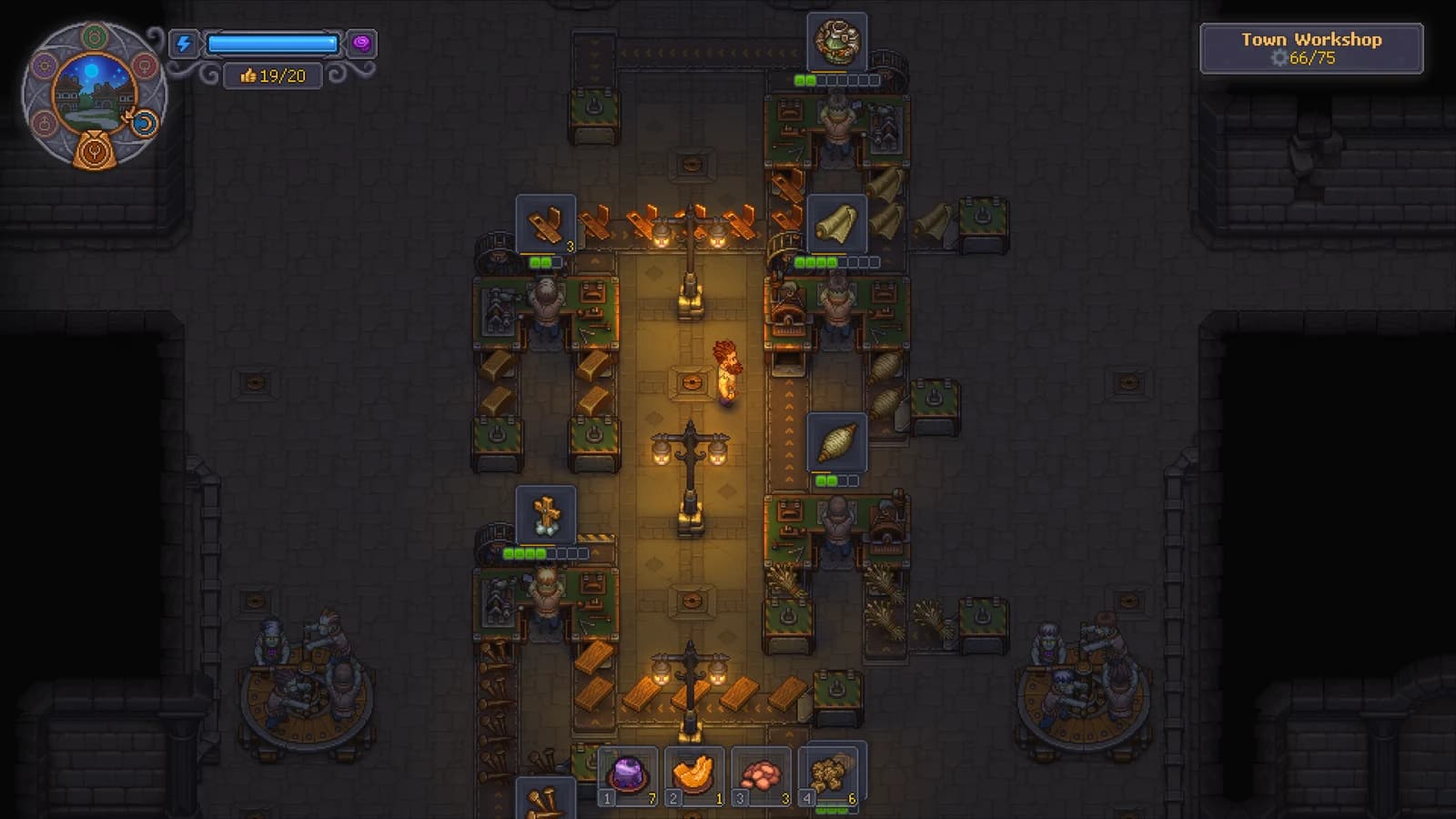 Zombie workers stand along rows of machines and conveyor belts in a candlelit workshop.
